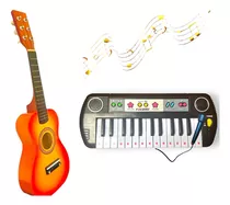 Kit Piano Teclado Musical + Mini Violão Infantil De Madeira 