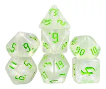 Kit 7 Dados Rpg Translúcidos Verde Perolado Bolsa Cthulhu Cor Perolado Verde