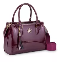 Bolsa Feminina Média De Mão E Transversal Verniz Luxo Cor Marsala Verniz Desenho Do Tecido Liso