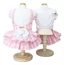 Roupa Roupinha Pet Jardineira P/ Cachorro Xadrez Rosa Barbie