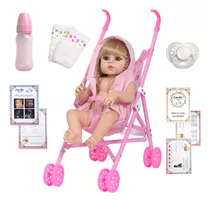 Boneca Reborn Larinha Loira Enxoval Com Carrinho 14 Itens