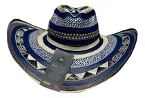 Sombrero 31 Fibras Azul Tejido Calado Figuras A Mano