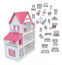 Casinha De Boneca Modelo Americana Mdf Pintada Com 30 Moveis