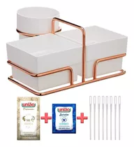 Suporte Cafe Porta Saches + Kit 50 Açucar Adoçante Mexedor Cor Branco/rose Gold