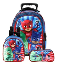 Kit Mochila Escolar Infantil Pj Masks De Rodinhas Azul