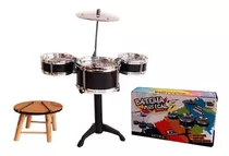 Mini Bateria Infantil Preta + Banquinho De Madeira Completa 