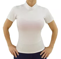 Blusa Cuello Alto, Manga Corta, Tela Stretch, Marca Qantik