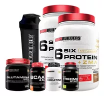 2x Whey 900g + Bcaa + Creatina + Glutamina + Termo + Coquet. Sabor Morango