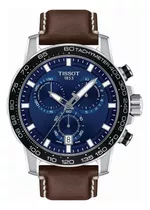 Reloj Pulsera Tissot T-sport Supersport Chrono Supersport Chrono De Cuerpo Color Gris, Analógica, Para Hombre, Fondo Azul, Con Correa De Cuero Color Marrón, Agujas Color Gris Y Blanco, Dial Blanco Y G