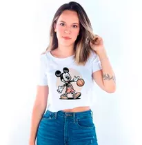 Cropped Adulto Branco Mickey Mouse Basquete Bola Desenho