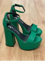 Sandalias Altas Verde Benetton Con Plataforma Y Taco Palo