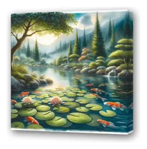 Cuadro 60x60cm Koi Paisaje Sereno Acuarela Relajacion M1