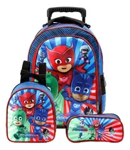 Kit Mochila Escolar Infantil Pj Masks De Rodinhas Azul