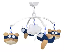 Móbile Musical Urso Ursinho Aviador Berço Bebê Azul Marinho