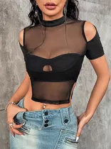 Crop Top Negro De Mujer Con Transparencia Marca Shein Trends