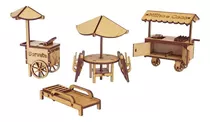 Kit Miniatura Praia 6 Peças Espreguiçadeira Carrinho Mdf