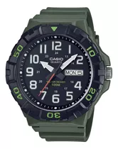 Reloj De Pulsera Casio Mrw-210h De Cuerpo Color Verde, Para Hombre, Fondo Negro, Con Correa De Resina Color Verde, Agujas Color Gris Y Negro, Blanco Y Rojo, Dial Blanco Y Gris, Minutero/segundero Gris