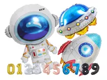 Kit Trio Astronauta Com Número Brinde Balão Metalizado