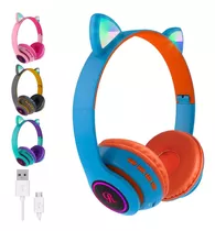 Auriculares Oreja De Gato Gamer Bluetooth Neko Luz Led Usb Color Celeste