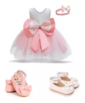 Pack Vestido Bautizo Niña  Blanco Y  Rosa + Zapatitos  Bebe