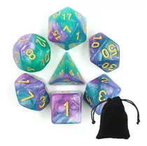 Kit 7 Dados Rpg Galaxia D&d D4 D6 D8 D10 D10% D12 D20 Bolsa Cor Roxo E Verde Galaxia