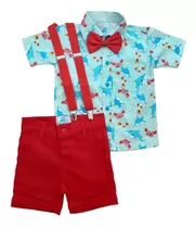 Roupa Festa Camisa Tubarões Conjunto Social Bebê Menino