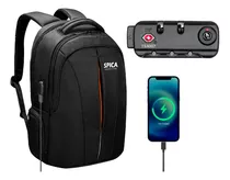 Mochila Antirrobo Impermeable Spica M-90 Usb Porta Notebook Color Negro Diseño De La Tela Poliéster