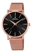 Reloj Pulsera Festina Boyfriend F20477 De Cuerpo Color Oro Rosa, Analógico, Para Mujer, Fondo Negro, Con Correa De Acero Inoxidable Color Rosa, Agujas Color Dorado, Dial Oro Rosa, Bisel Color Oro Rosa