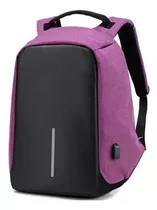 Mochila Antirrobo Porta Notebook Impermeable Acolchada Usb Color Purpura-negro Diseño De La Tela Liso