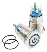 Botão Bivolt Inox 19mm Led Azul 110v 220v C Trava + Conector