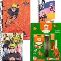 2 Caderno Capa Dura Naruto +adesivo 10 Matéria + Kit Escolar