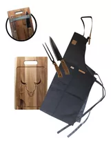 Pack Parrillero Wayu Delantal+ Tabla40cm+ Cuchillo Y Tenedor