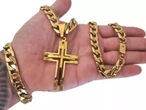 Conjunto Corrente Pulseira Pingente Crucifixo Banhado À Ouro