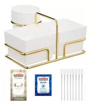 Suporte Cafe Porta Saches + Kit 50 Açucar Adoçante Mexedor Cor Branco C/ Aço Dourado Organizador Sachês