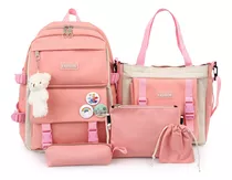 Set 5 Mochila Bolsas Escolar Estudiante Lapicera Tote Lona Color Rosa