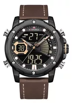 Reloj Pulsera Naviforce Nf9172 De Cuerpo Color Negro, Analógico-digital, Fondo Negro, Con Correa De Cuero Color Marrón Oscuro, Agujas Color Oro Rosa Y Blanco Y Negro, Dial Blanco, Minutero/segundero B