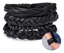 Conjunto Pulsera Brazalete Cuero 4 En 1 Trenzado