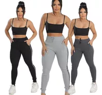 Kit 3 Calça Jogger Ribana Com Faixa Bolso Feminina