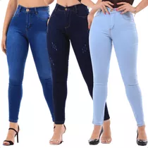 Kit De 3 Calça Jeans Feminina Skinny Cintura Alta Com Lycra