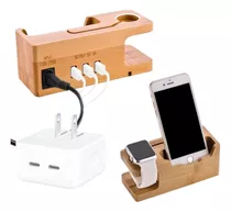 Base Bambú iPhone 14 Y Watch Serie 3 Cargador Doble Usb C