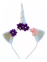 Cintillo Diadema Unicornio Cuerno Y Orejas Con Flores