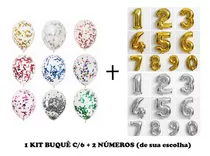 Kit C/6 Bexigas Cristal C/ Confete Festa + 2 Números 40cm