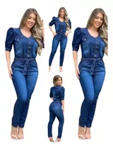 Macacão Longo Jeans Feminino Plus Size Cinto Elegante Botões