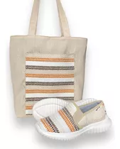 Combo Ultraliviano Trenza Beige Bolso En Lona