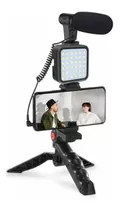 Micrófono Vlogging Kit - Trípode Y Luz Led Porta Telefono Color Negro