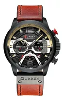 Reloj Pulsera Curren 8329 De Cuerpo Color Negro, Analógica, Para Hombre, Fondo Negro, Con Correa De Cuero Color Marrón, Agujas Color Negro Y Rojo Y Ocre, Dial Negro Y Ocre, Subesferas Color Negro, Min