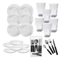 Set Vajilla Levys Bazar 6 Platos Playos + 6 Hondos + 6 Vasos Vidrio Durax + 24 Cubiertos Acero Carol