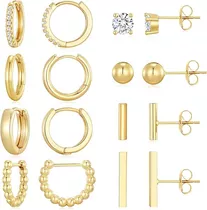 8 Aretes De Laminado Oro 14k Mujer Arracadas Huggies Moda