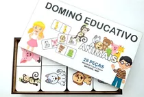 Brinquedo Dominó Educativo Aminais 28pcs Madeira Mdf