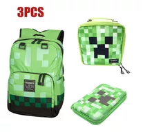 Mochila De Estudiante Minecraft Creeper+fiambrera Y Estuche